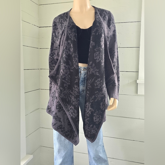 Faded Glory Black Gray Floral Knit Open Front Waterfall Cardigan Women's 1X - Picture 2 of 8